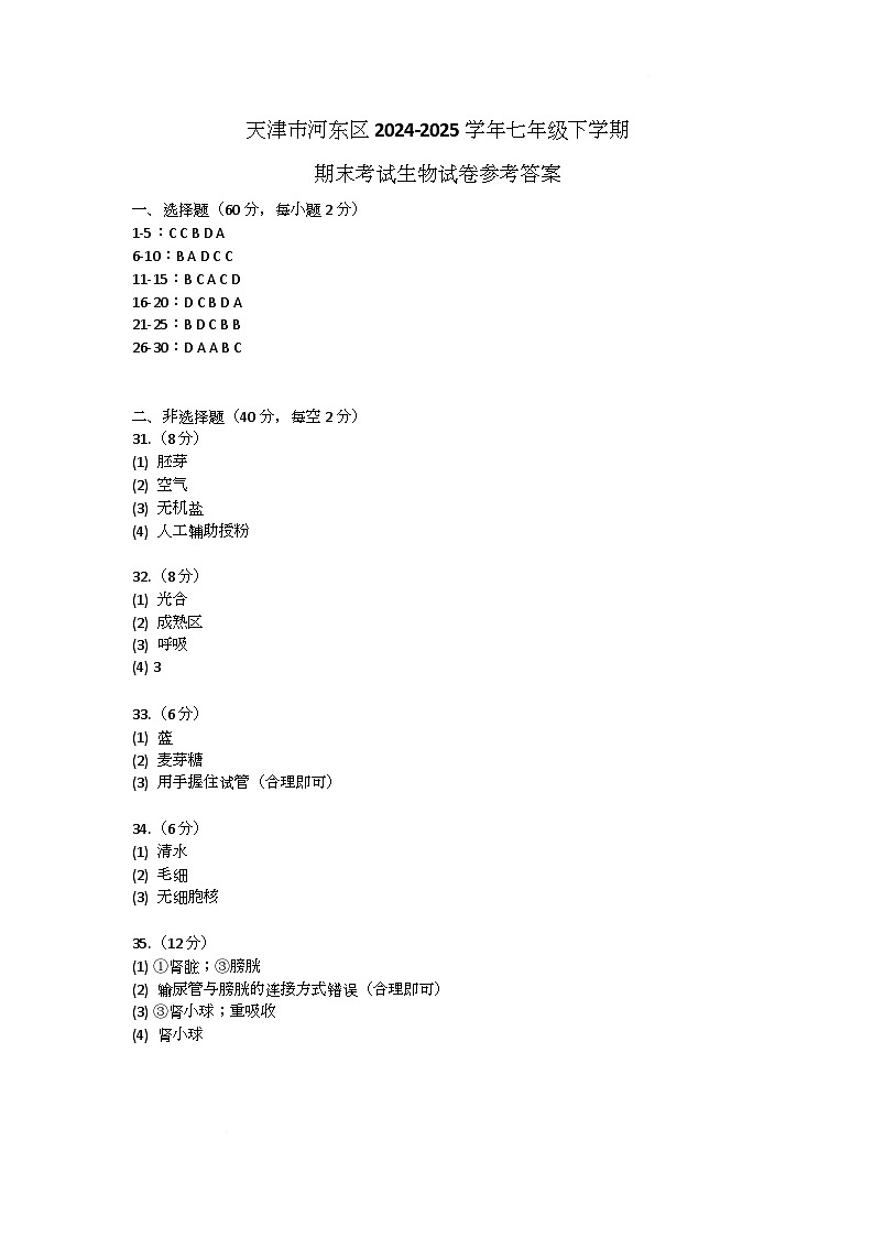 天津市河东区2024-2025学年七年级下学期期末考试生物试卷参考答案第1页