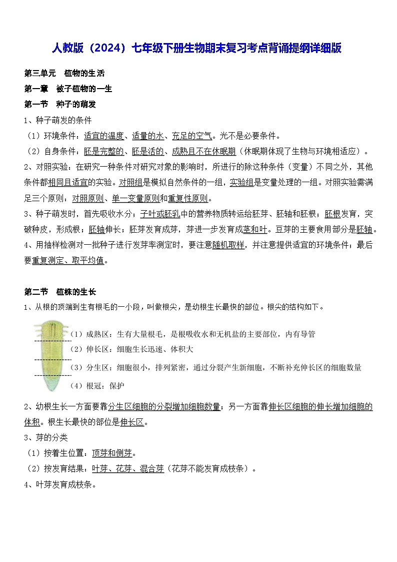 人教版（2024）七年级下册生物期末复习考点背诵提纲详细版 学案第1页