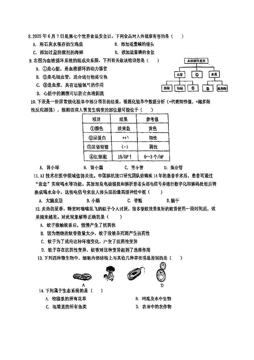 2025年江苏省盐城市康居路初中教育集团八年级三模生物试题（中考模拟）第2页