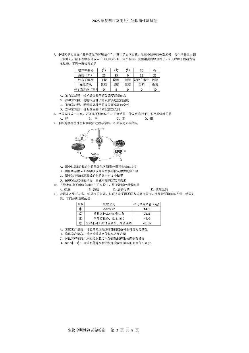 2025年昆明市富明县生物诊断性测试卷 2025年昆明市富明县生物诊断性测试卷第2页