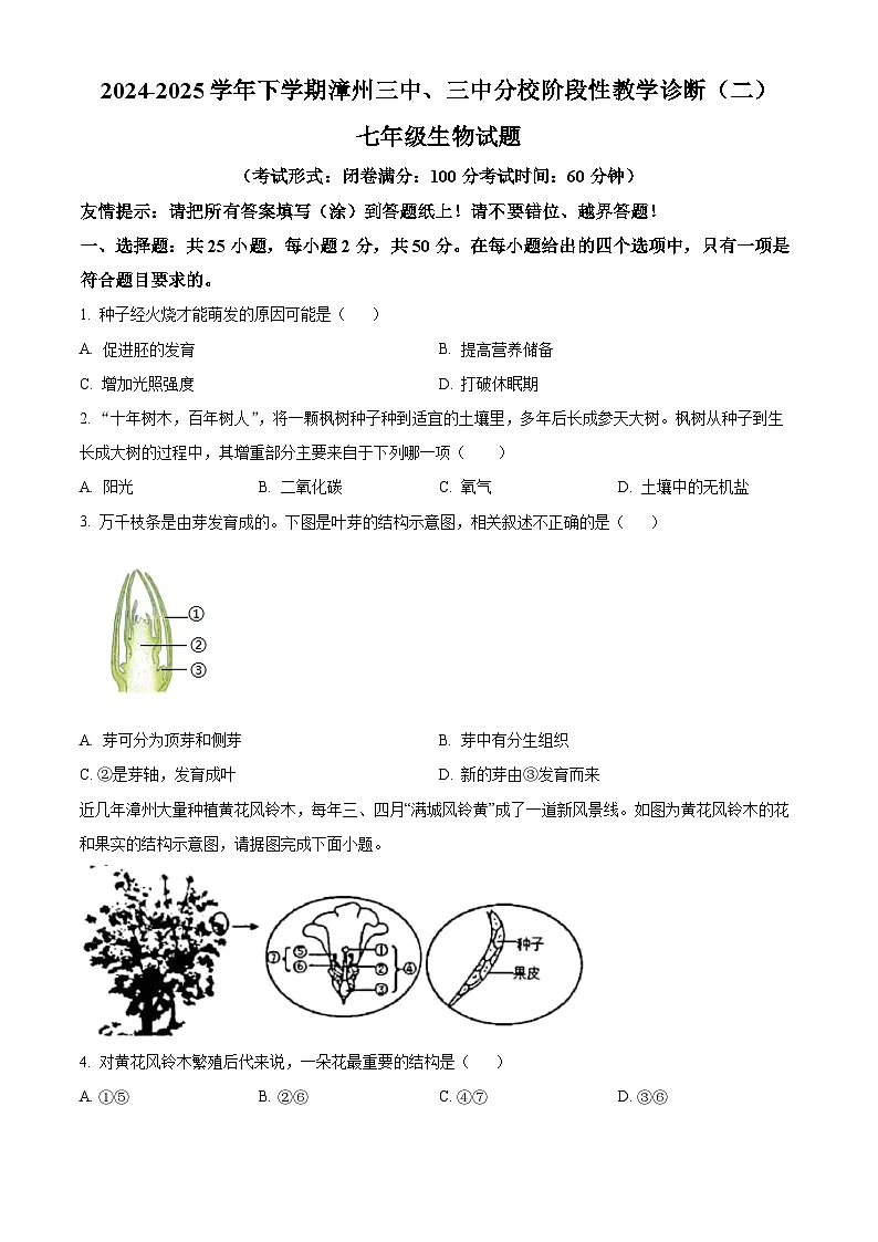 福建省漳州市芗城区漳州三中、三中分校联考2024-2025学年七年级下学期期中生物试题第1页