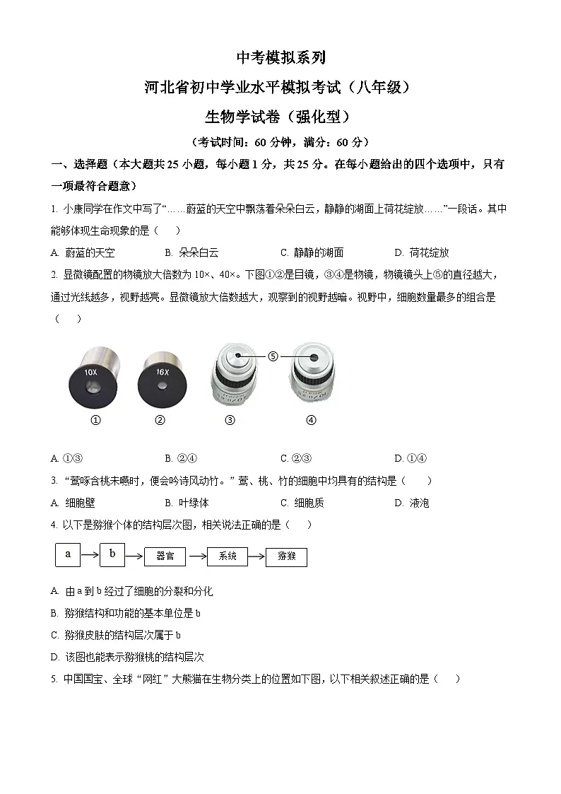 河北省衡水市故城县2024-2025学年八年级下期中生物试题第1页