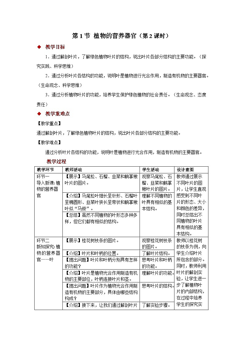 4.10.1 植物的营养器官 第2课时 教案 生物苏教版（2024）七年级下册第4单元第1页