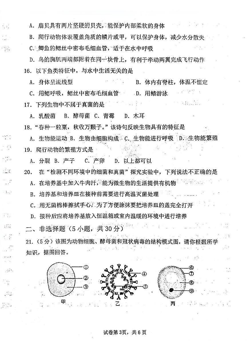 河南省南阳市镇平县2024-2025学年七年级上学期12月月考生物试题第3页