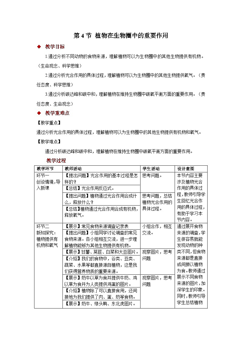 4.11.4植物在生物圈中的重要作用 教案 生物苏教版（2024）七年级下册第4单元第1页