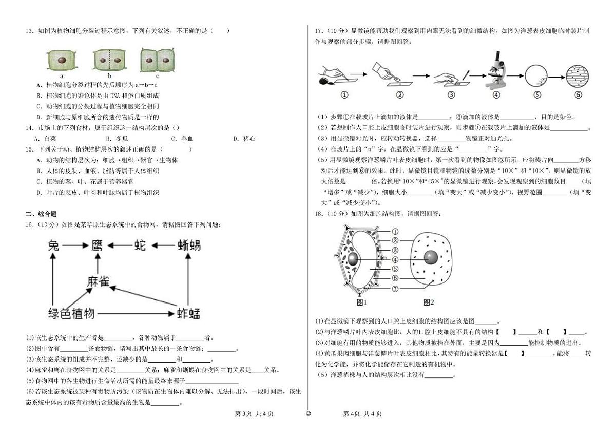 青海省西宁二中教育集团2023-2024学年七年级上学期期中考试生物试卷第2页