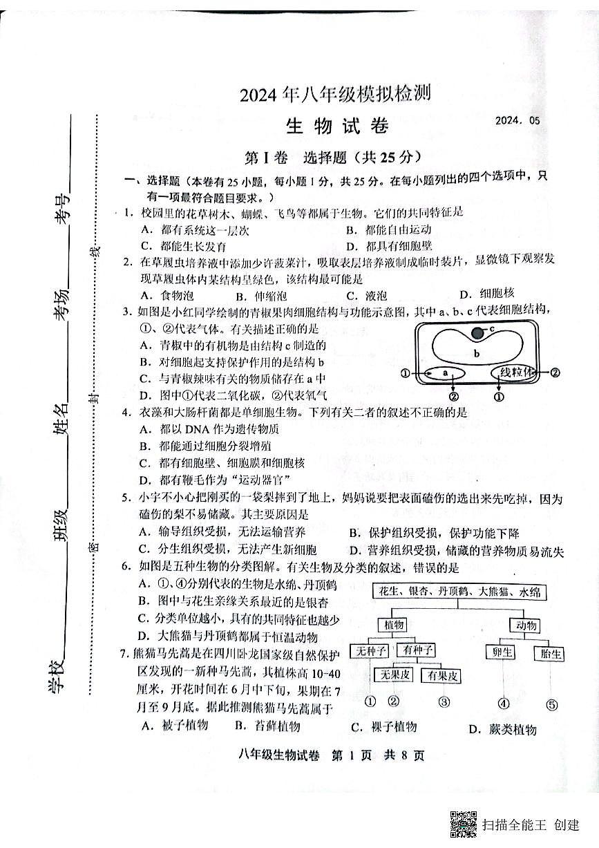 2024年河北省唐山市路北区中考模拟预测生物试题第1页