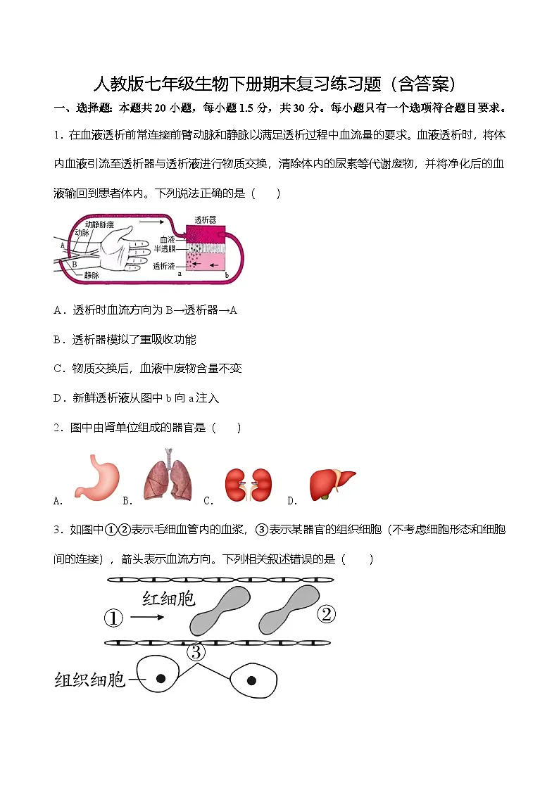 人教版七年级生物下册期末复习练习题（含答案）第1页