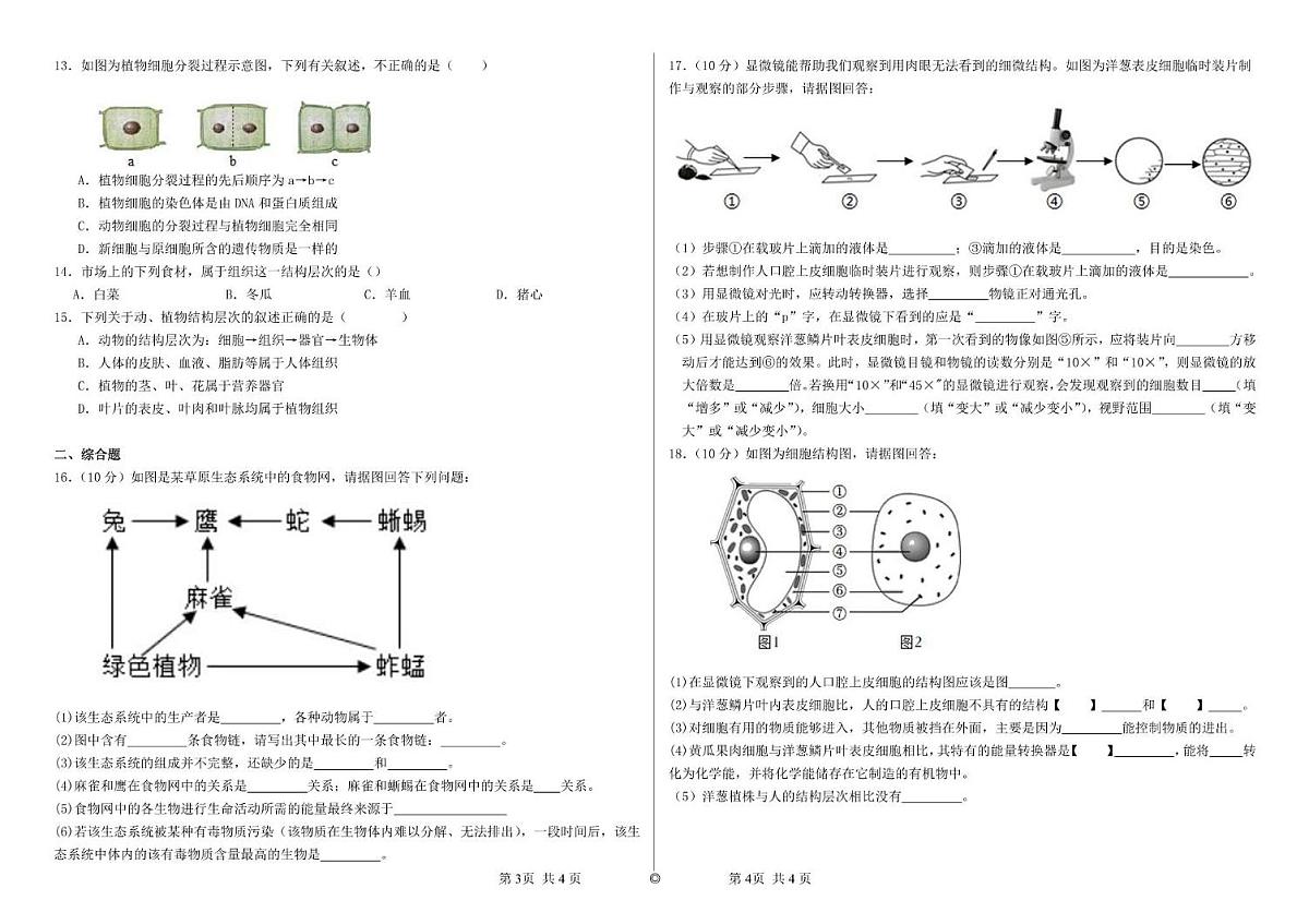 青海省西宁二中教育集团2023-2024学年七年级上学期期中考试生物试卷（PDF版，含答案）第2页