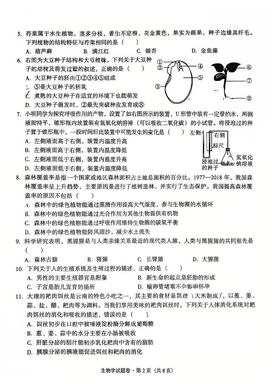 2025年云南省红河州中考模拟考试生物试题（PDF版，含答案）第2页