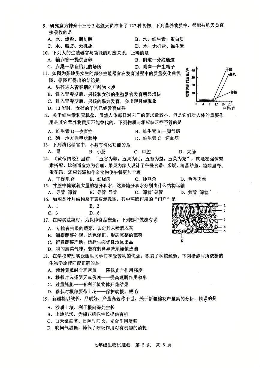 福建省厦门市厦外瑞景分校2024-2025学年七年级下学期生物试题（PDF版，含答案）第2页