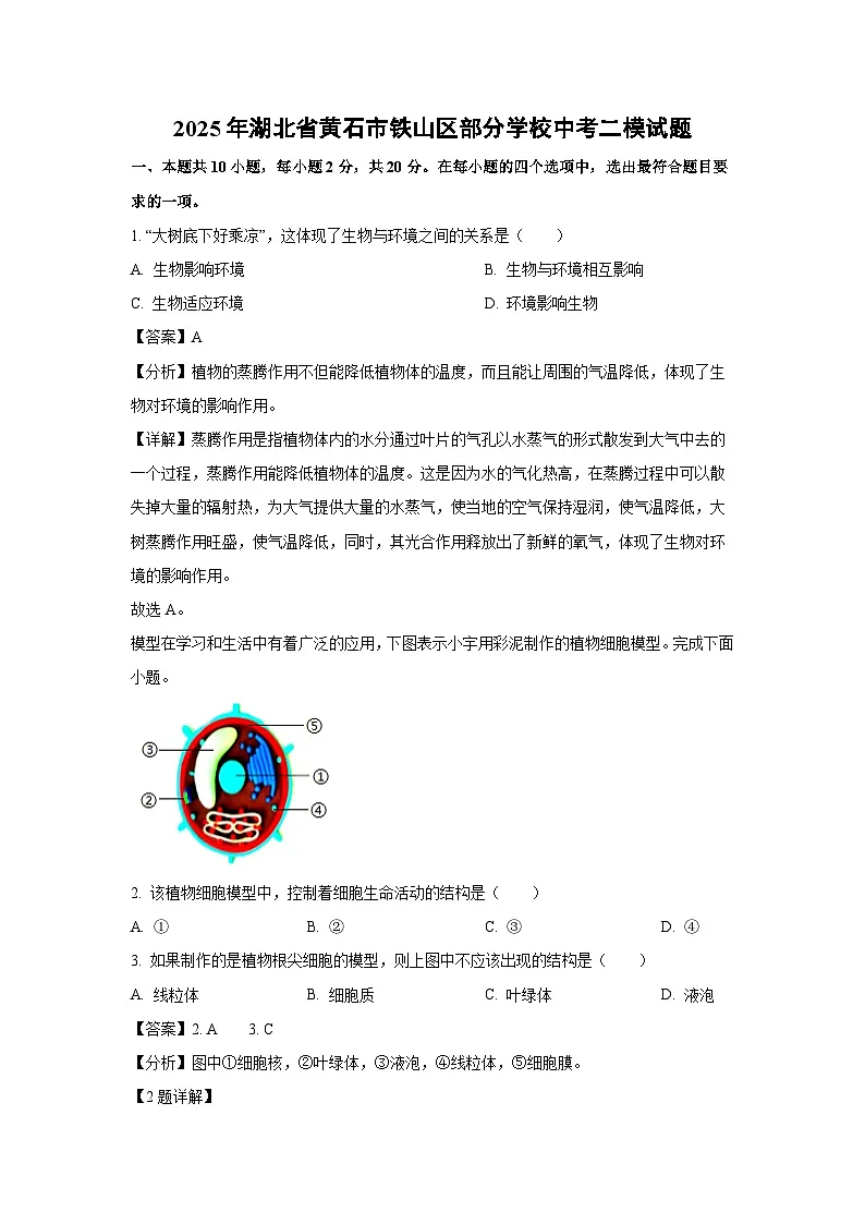 2025年湖北省黄石市铁山区部分学校中考二模生物试卷（解析版）第1页
