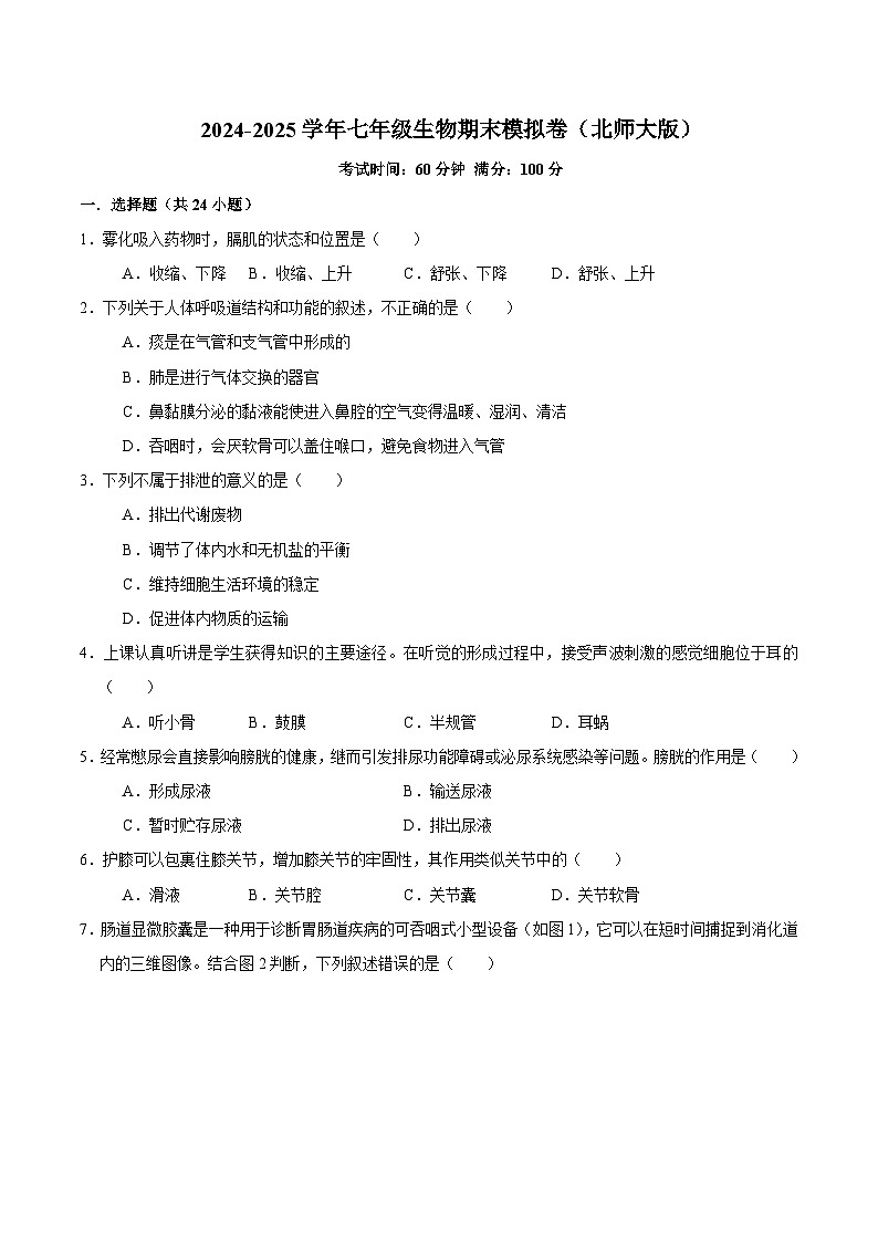 2025年北师版七年级下册生物期末测试卷第1页
