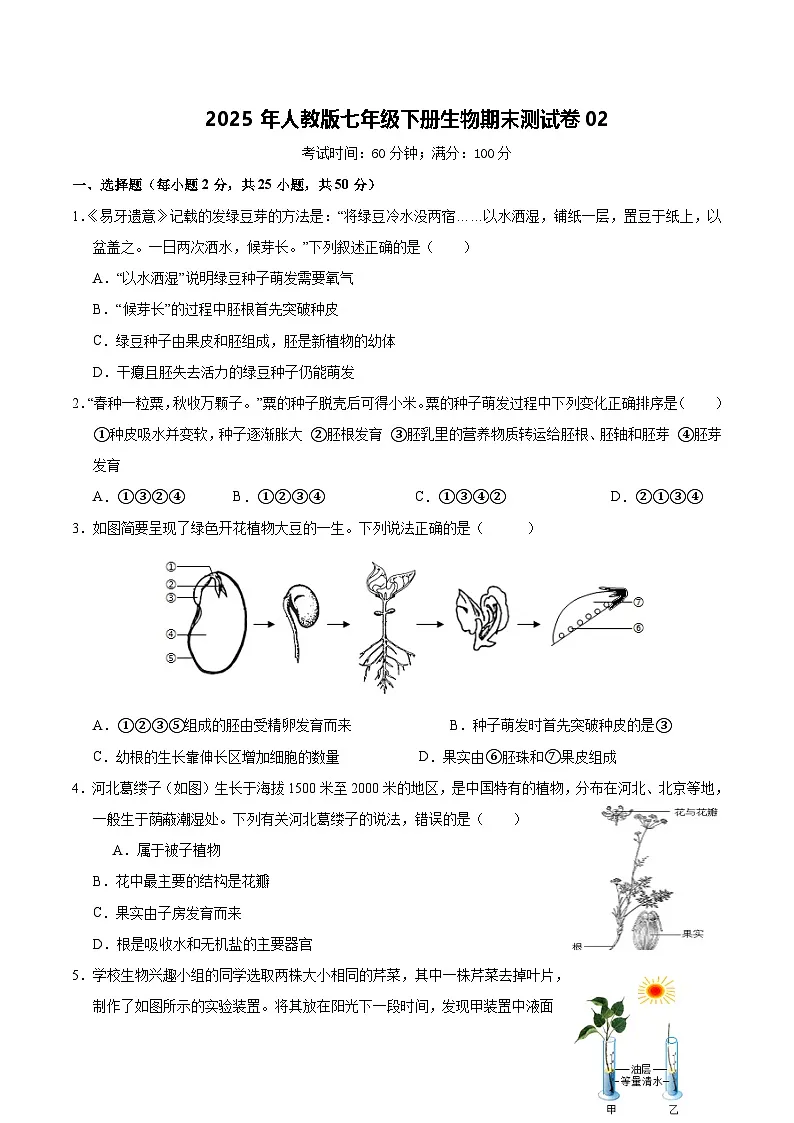 2025年人教版七年级下册生物期末测试卷02第1页