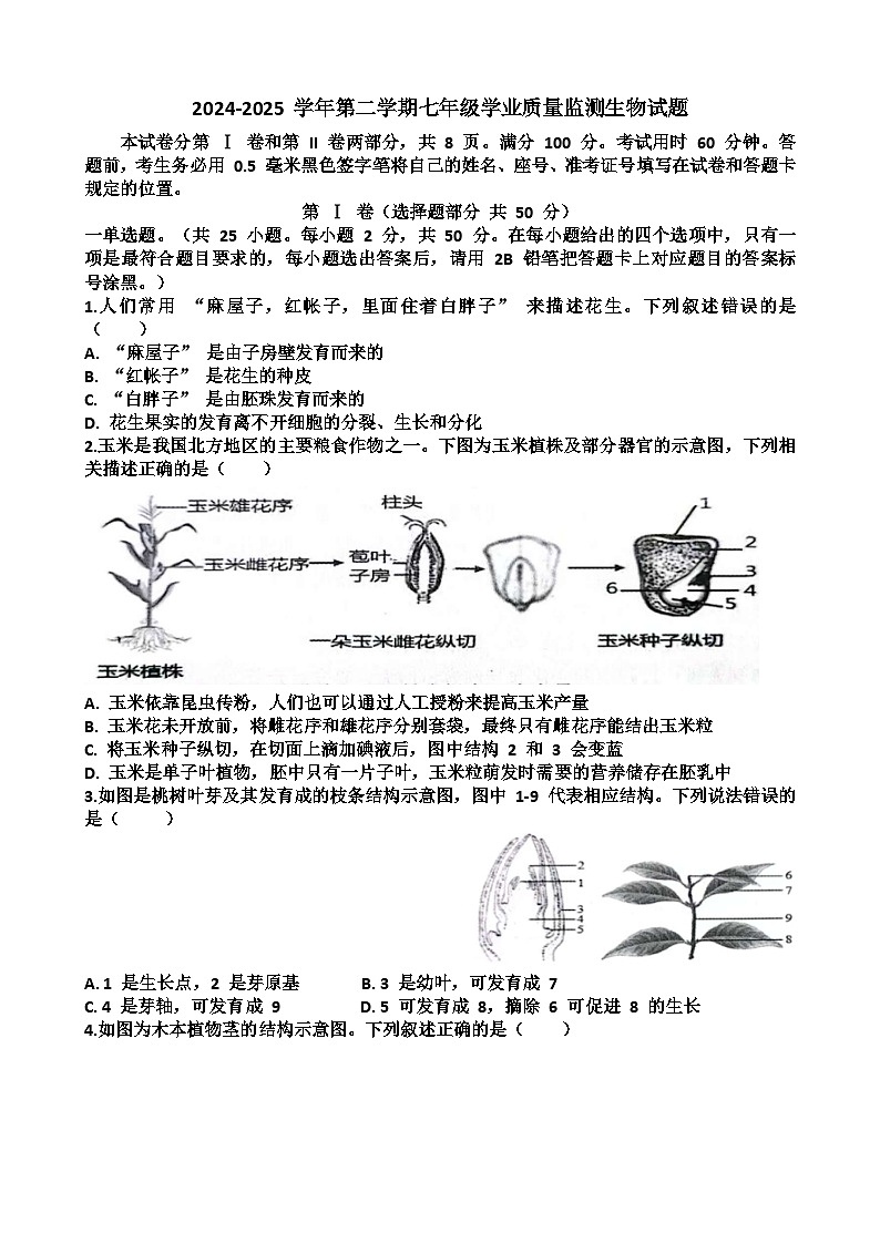 山东济南天桥区2024-2025 学年第二学期七年级生物期末考试试题（含答案)第1页