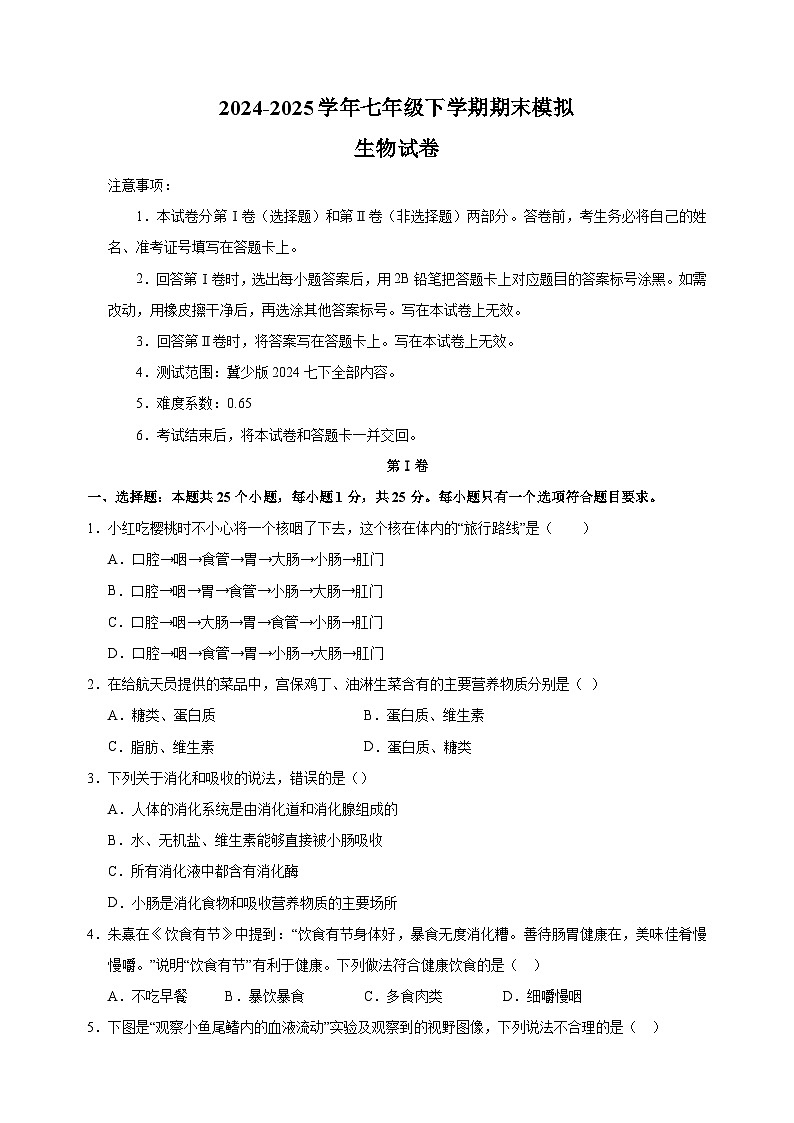 2024-2025学年七年级下学期生物期末模拟试卷（含答案）（冀少版2024）第1页