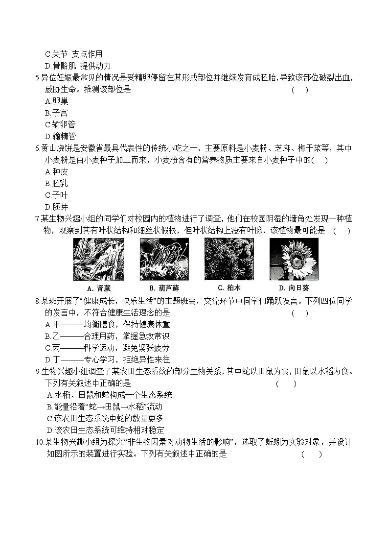 安徽省2025年初中学业水平考试6月份模拟试卷(定心卷) 生物试题（一）第2页