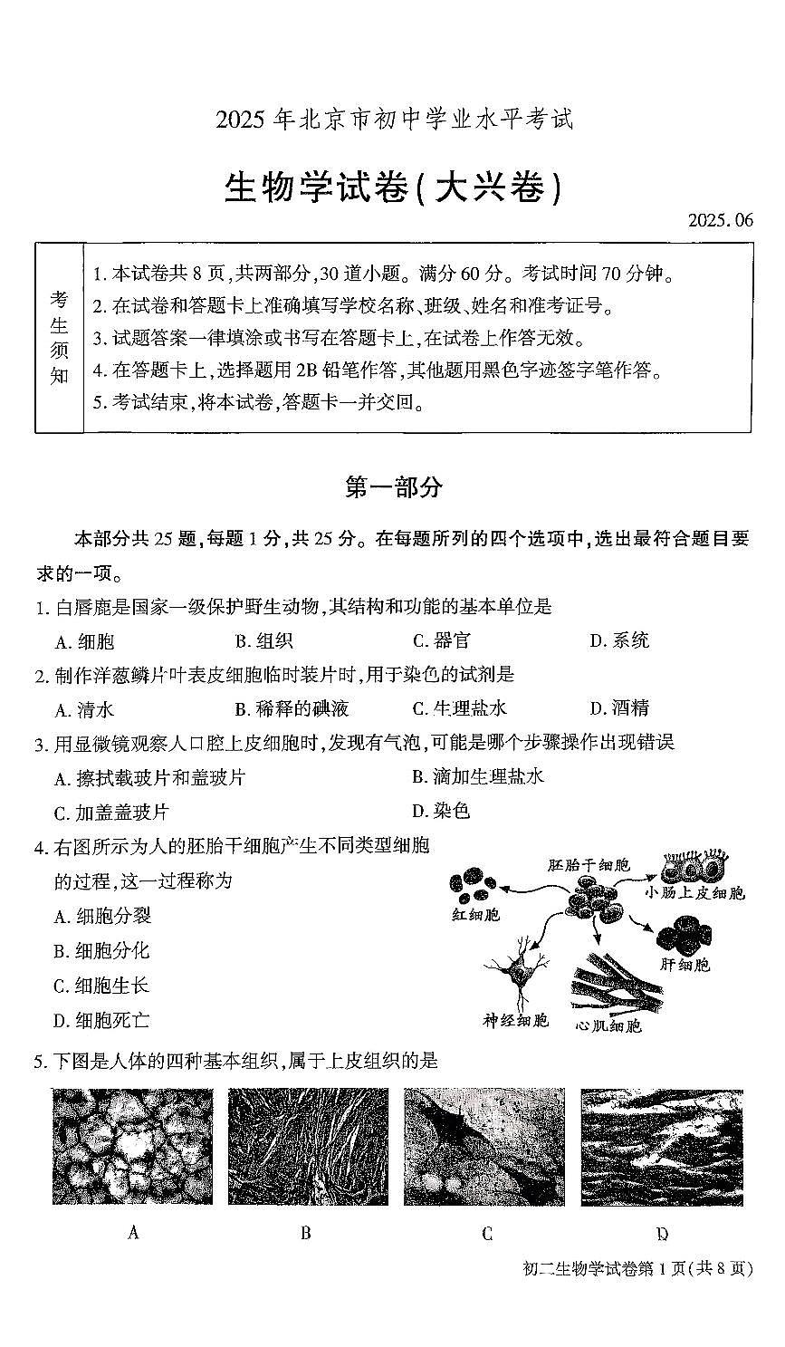 2025北京大兴初中学业水平考试生物试卷第1页