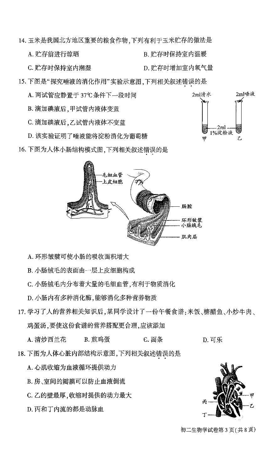 2025北京大兴初中学业水平考试生物试卷第3页