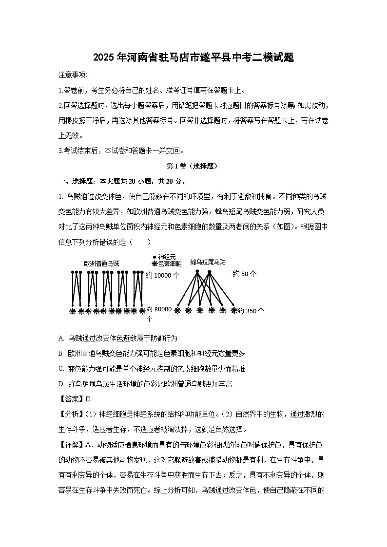 2025年河南省驻马店市遂平县中考二模生物试卷（解析版）第1页