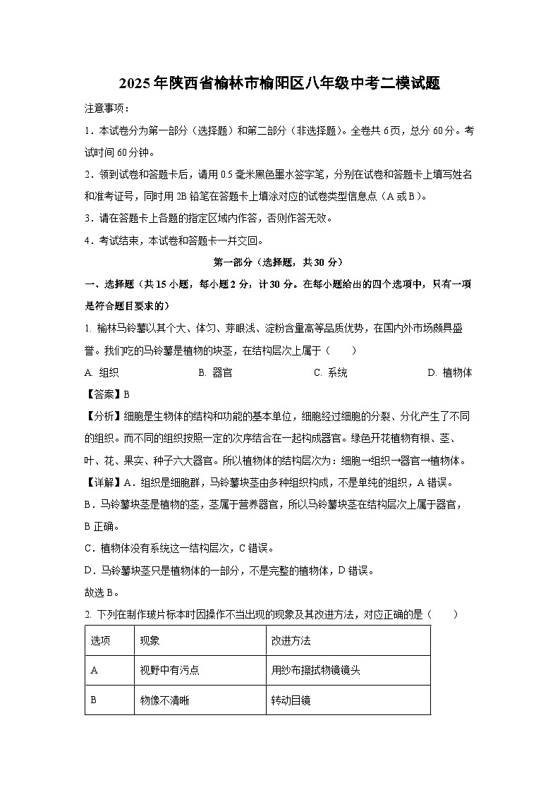 【生物】2025年陕西省榆林市榆阳区八年级中考二模试题（解析版）第1页