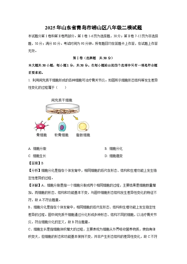 【生物】2025年山东省青岛市崂山区八年级二模试题（解析版）第1页