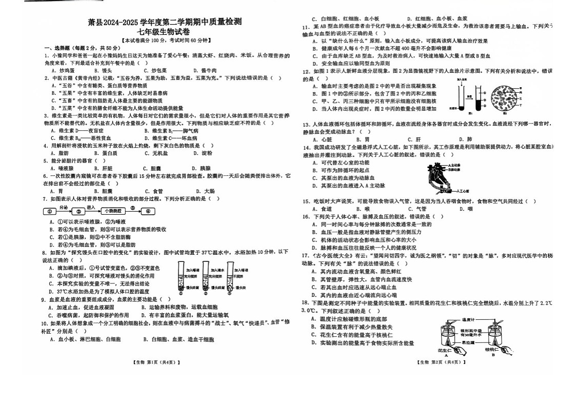 【7生（BS）期中】宿州市萧县2024-2025学年七年级下学期4月期中生物试题第1页