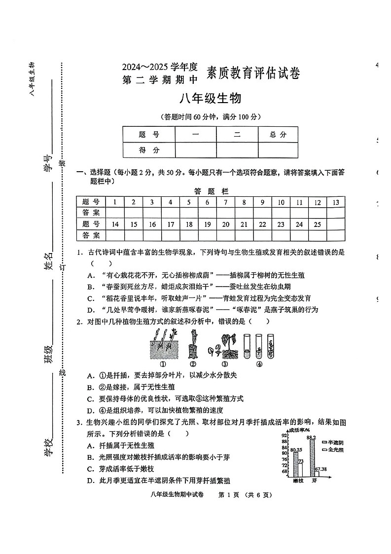 2024-2025学年度第二学期安徽省芜湖市市区期中考试八年级生物试卷第1页