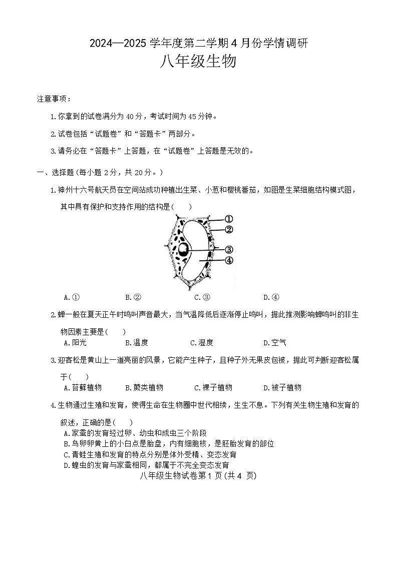 安徽省蚌埠市怀远县2024-2025学年八年级下学期4月期中生物试题第1页