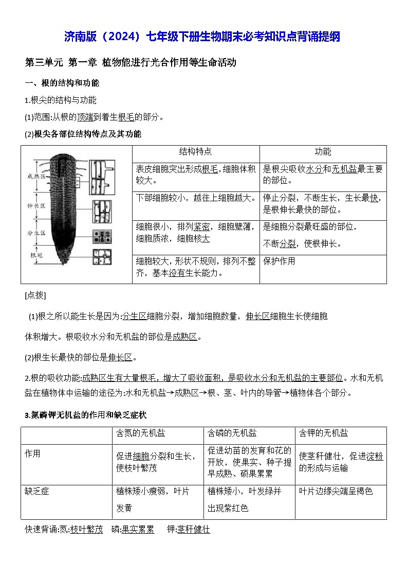 济南版（2024）七年级下册生物期末必考知识点背诵提纲 学案第1页