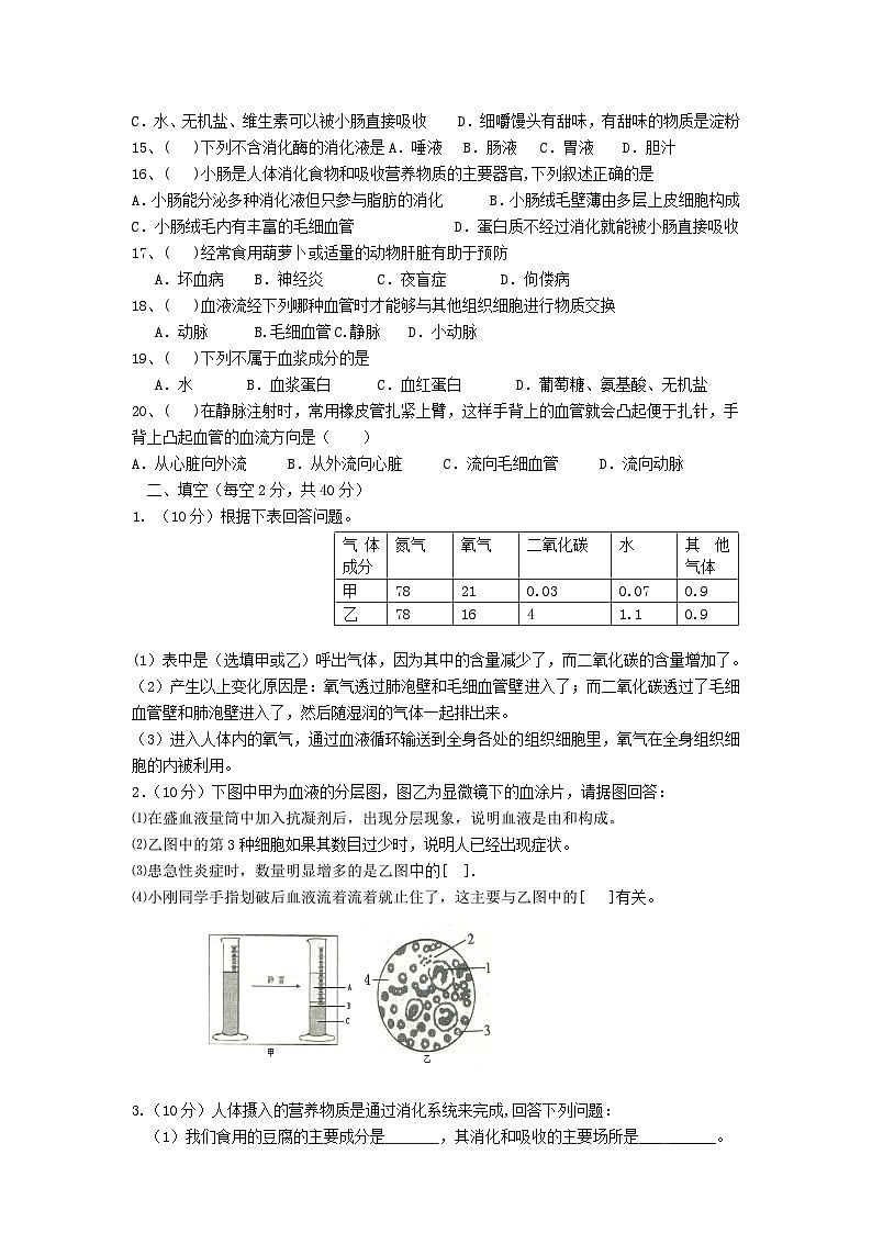 七年级下册生物期末测试卷第2页