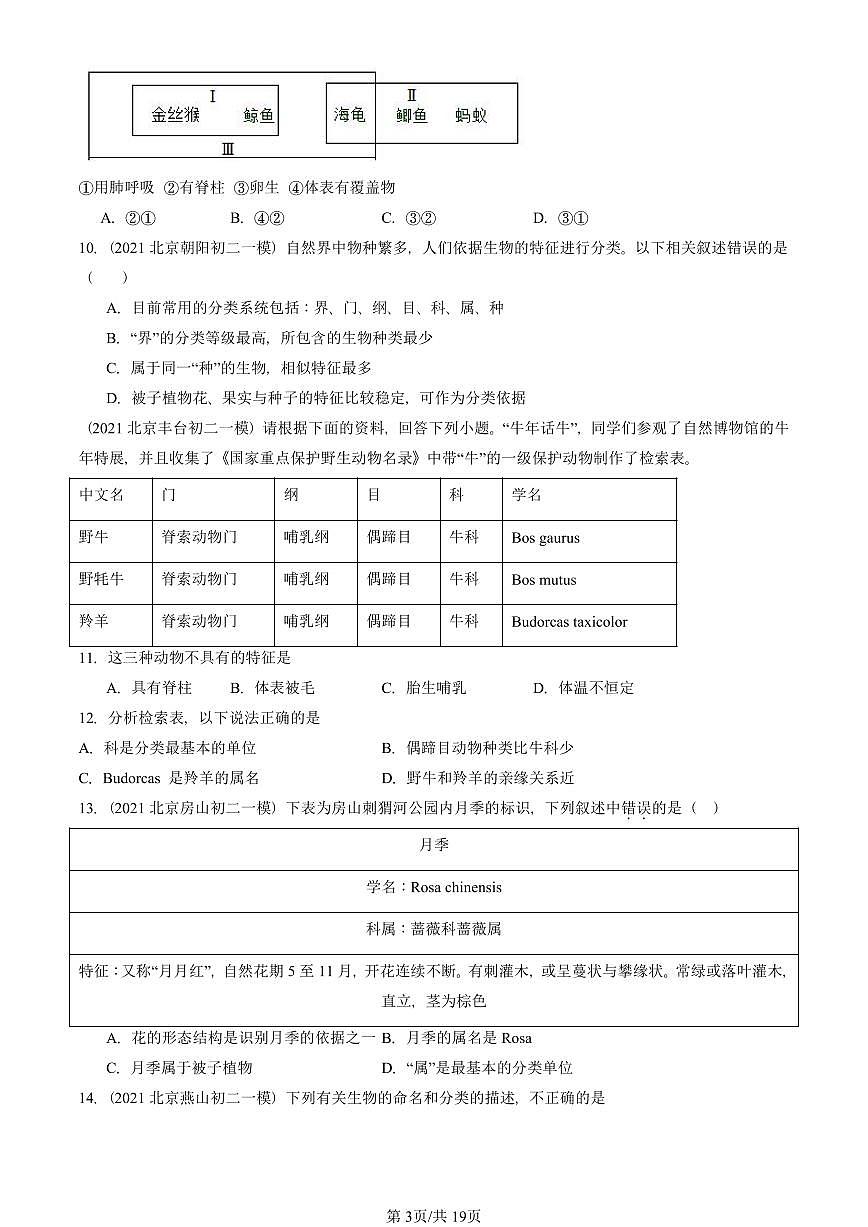 2021—2025北京初二一模[中考模拟]生物汇编：根据生物的特征进行分类章节综合第3页