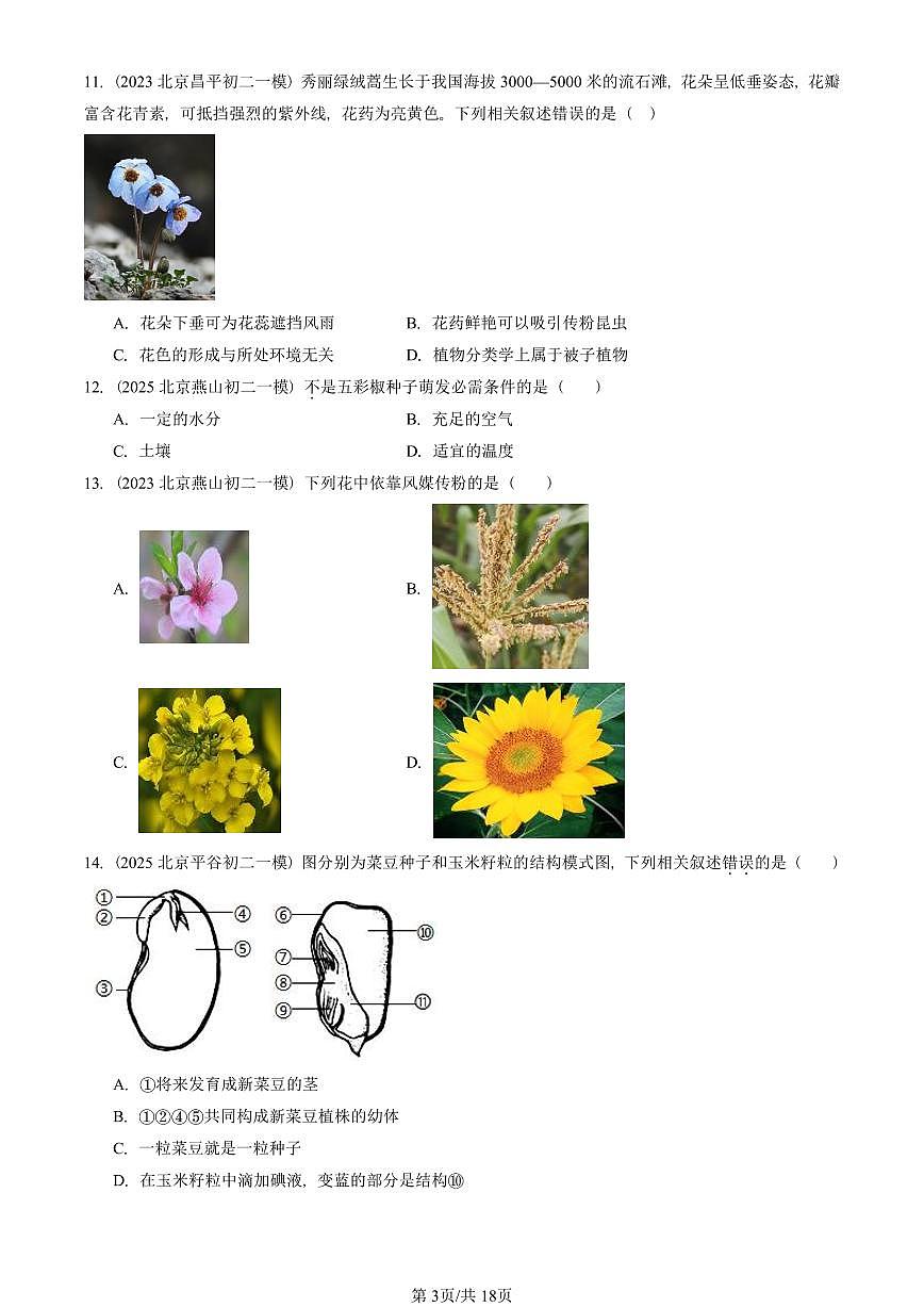 2023—2025北京初二一模[中考模拟]生物汇编：被子植物的一生章节综合第3页