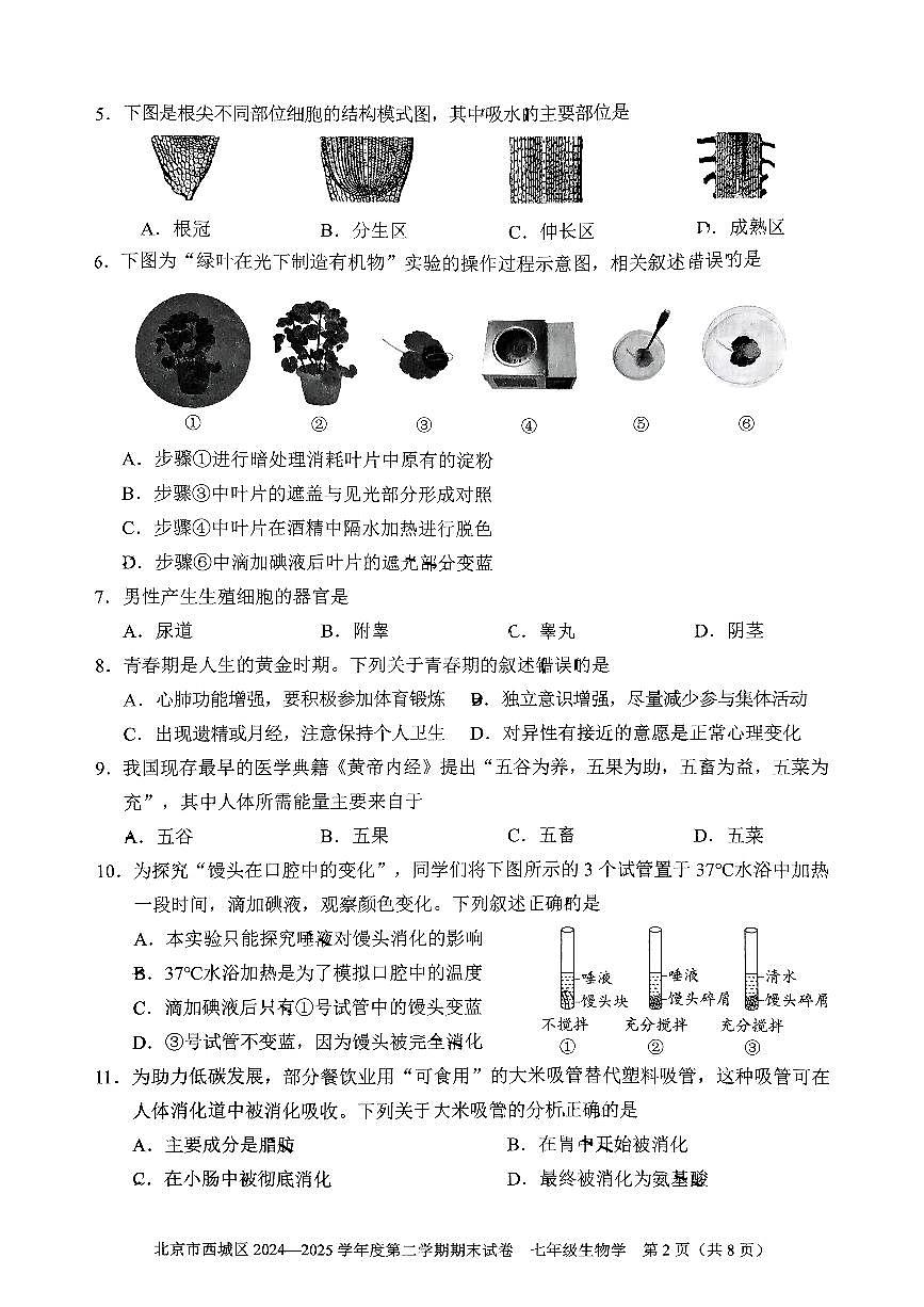 2025北京西城初一（下）期末真题生物试卷第2页