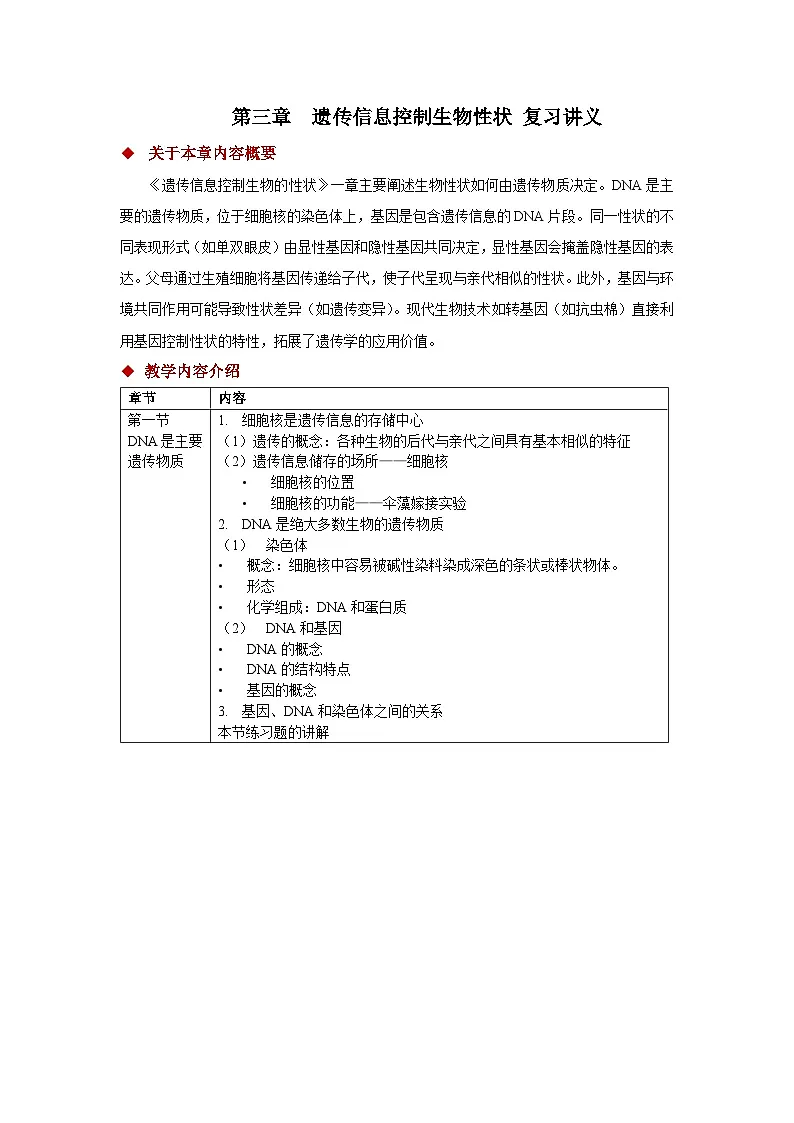 第四单元第三章 遗传信息控制生物性状 复习讲义 生物济南版（2024）七年级下册第1页