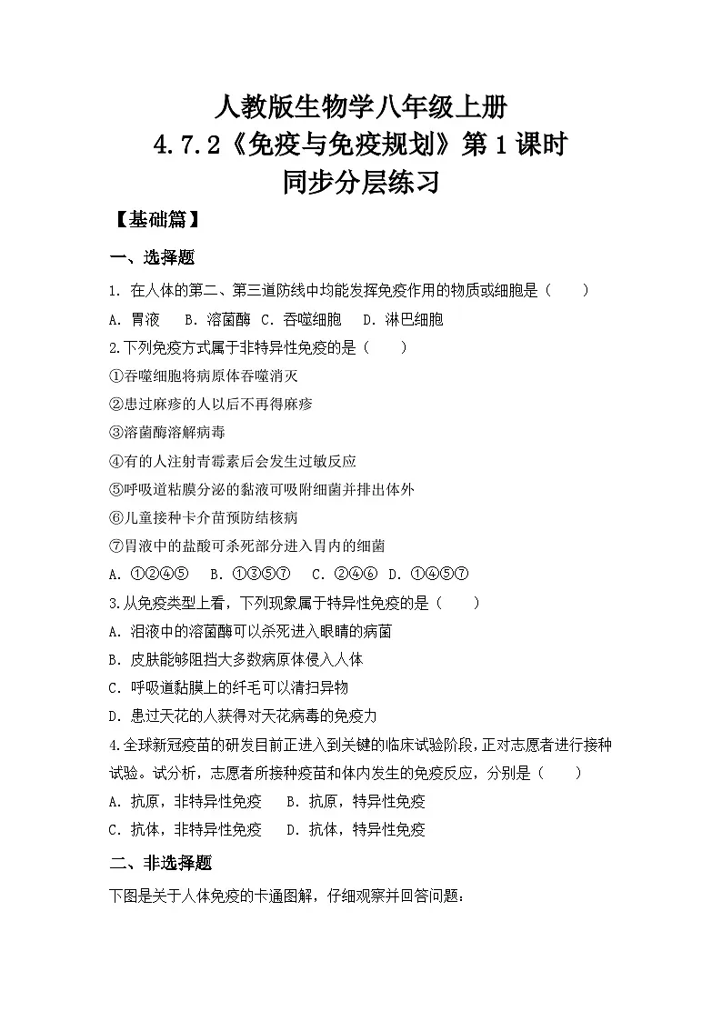 4.7.2《免疫与免疫规划》第1课时 同步分层练习（含答案）第1页