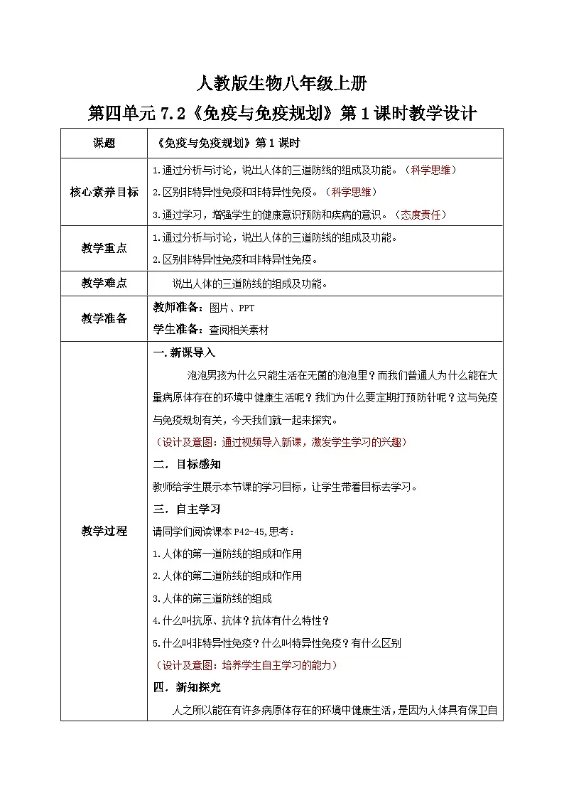 4.7.2《免疫与免疫规划》第1课时 教案 教学设计第1页