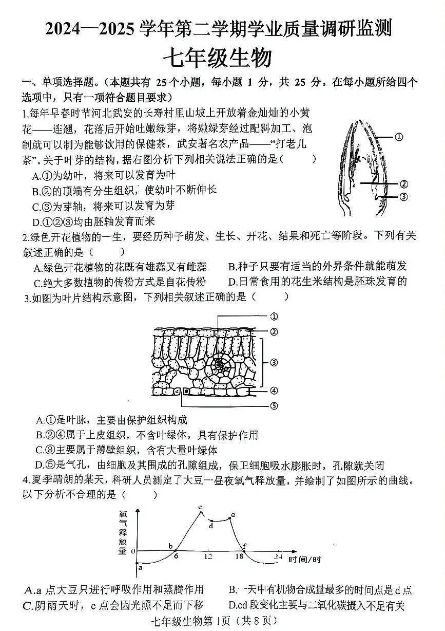 河北省邯郸市武安市矿山中学、伯延镇中学联考2024-2025学年七年级下学期7月期末生物试题（PDF版，含答案）第1页