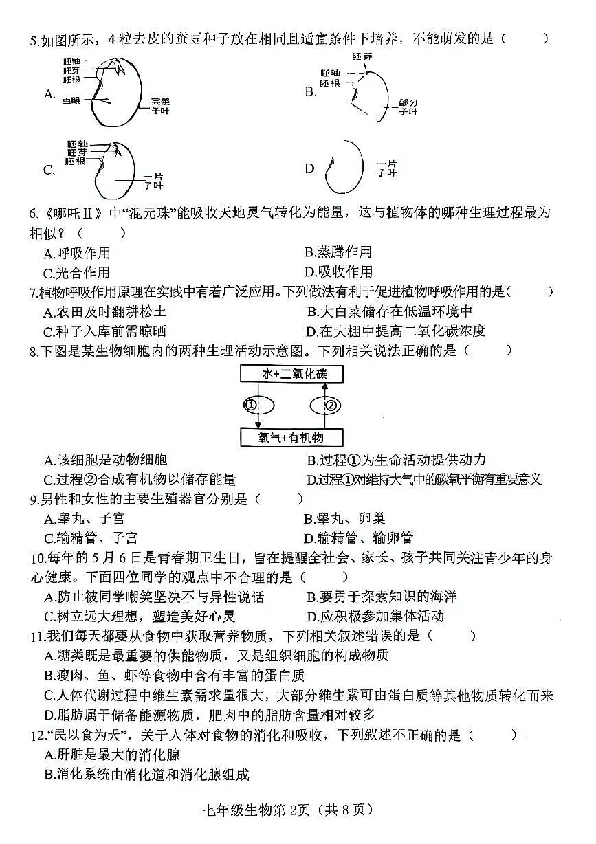 河北省邯郸市武安市矿山中学、伯延镇中学联考2024-2025学年七年级下学期7月期末生物试题（PDF版，含答案）第2页