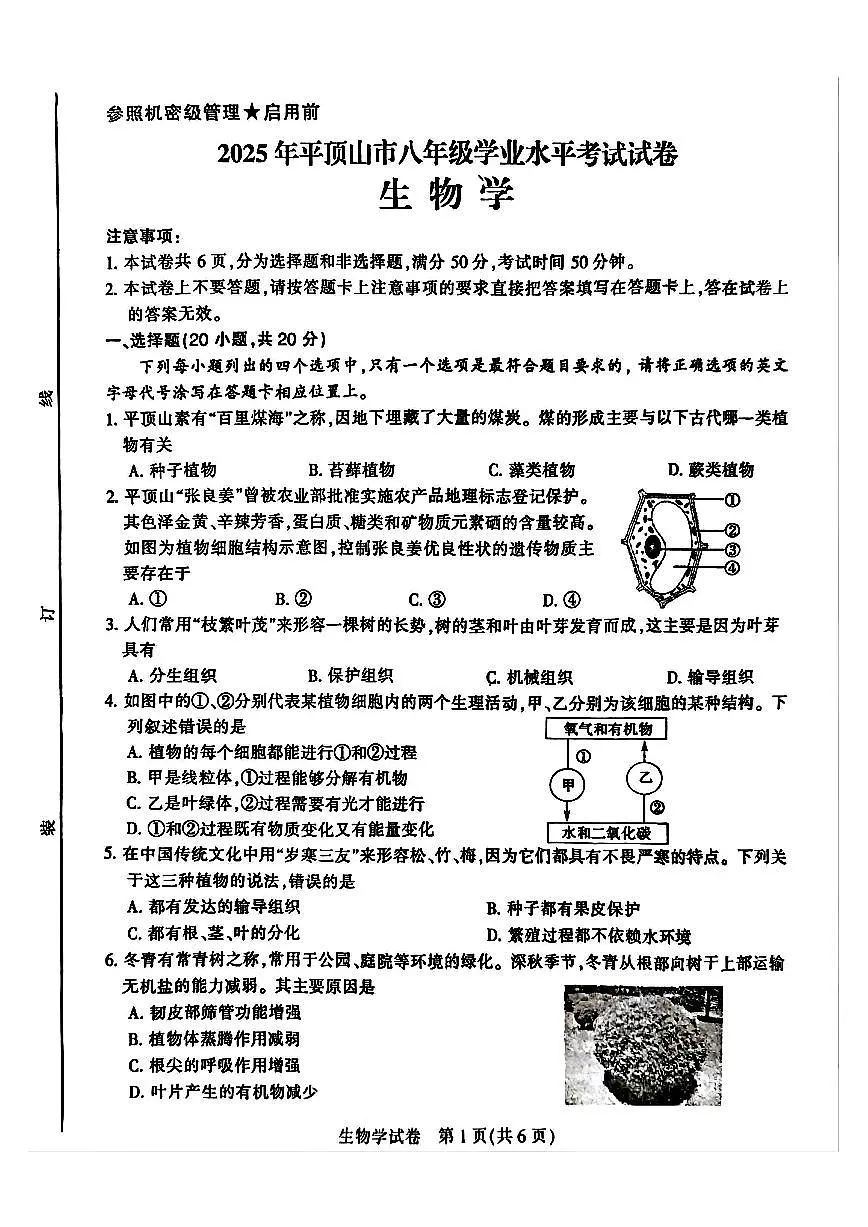 2025年平顶山市初中学业水平考试生物学试卷及答案第1页