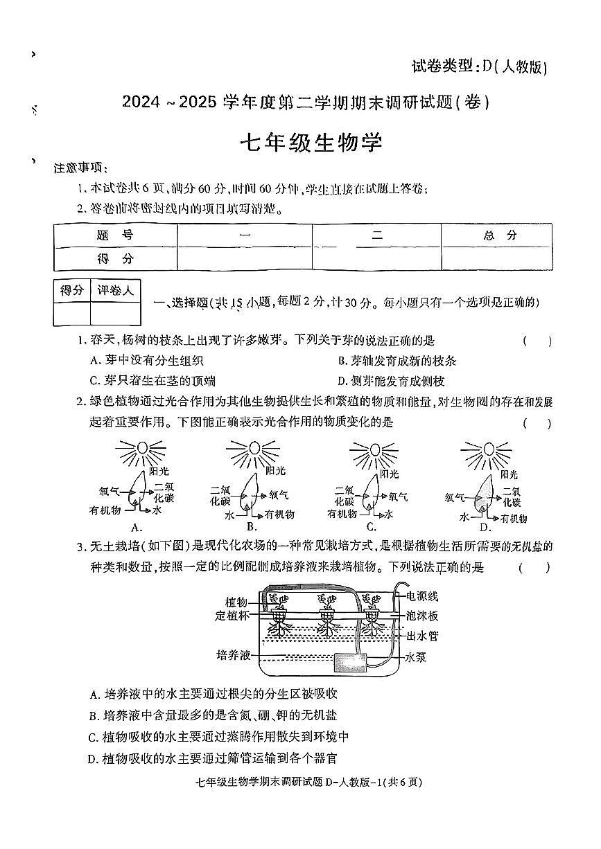 陕西省榆林市米脂县2024-2025学年七年级下生物期末试卷第1页