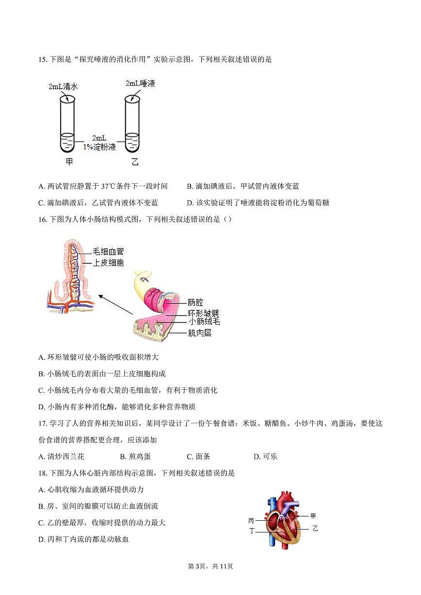 2025年北京市大兴区中考生物真题（含答案）第3页