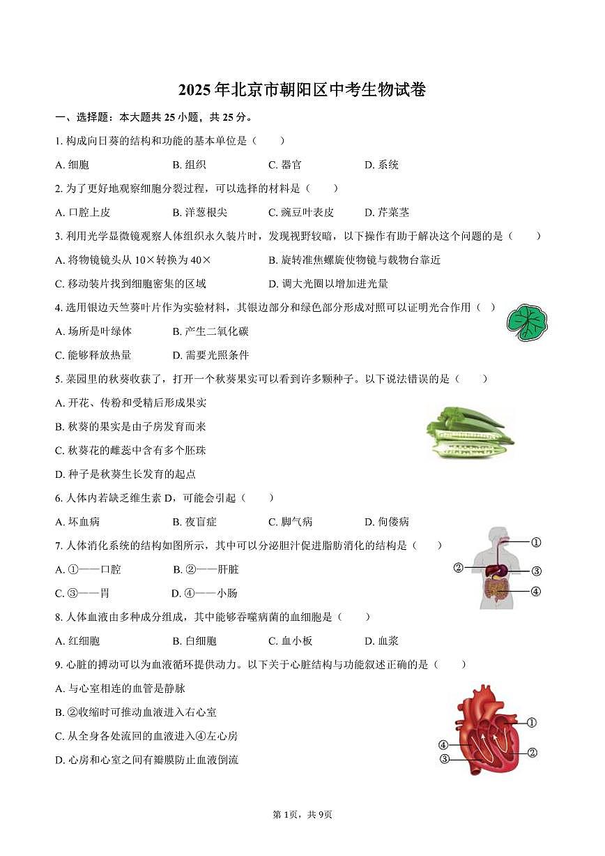 2025年北京市朝阳区中考生物试卷（含答案）第1页
