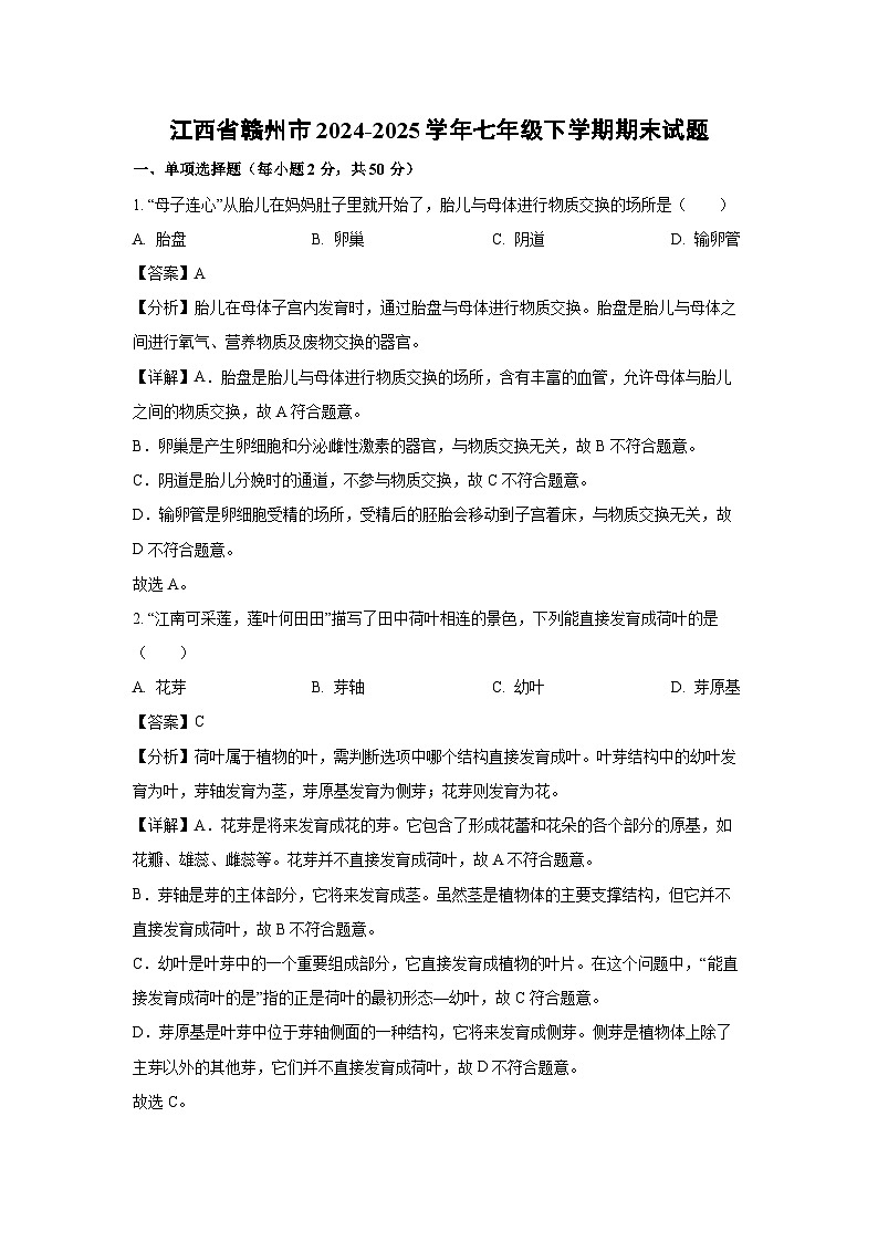 江西省赣州市2024-2025学年七年级下学期期末生物试卷（解析版）第1页