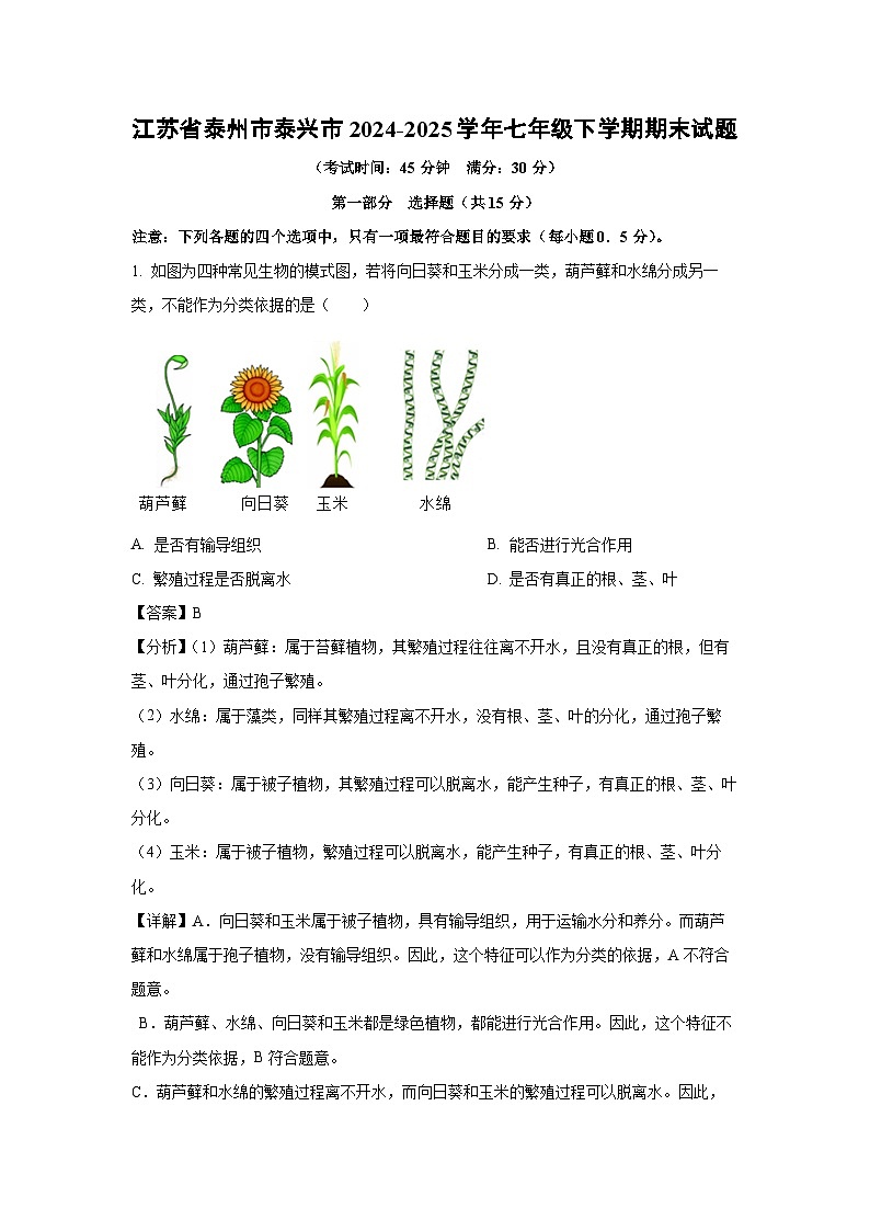 江苏省泰州市泰兴市2024-2025学年七年级下学期期末生物试卷（解析版）第1页