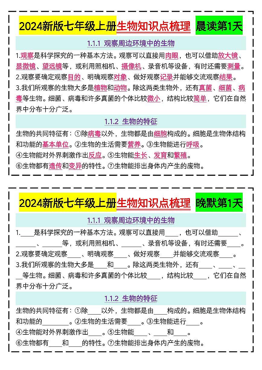 2024新版七上生物期末专项练习知识点晨读晚默51天完整版第1页
