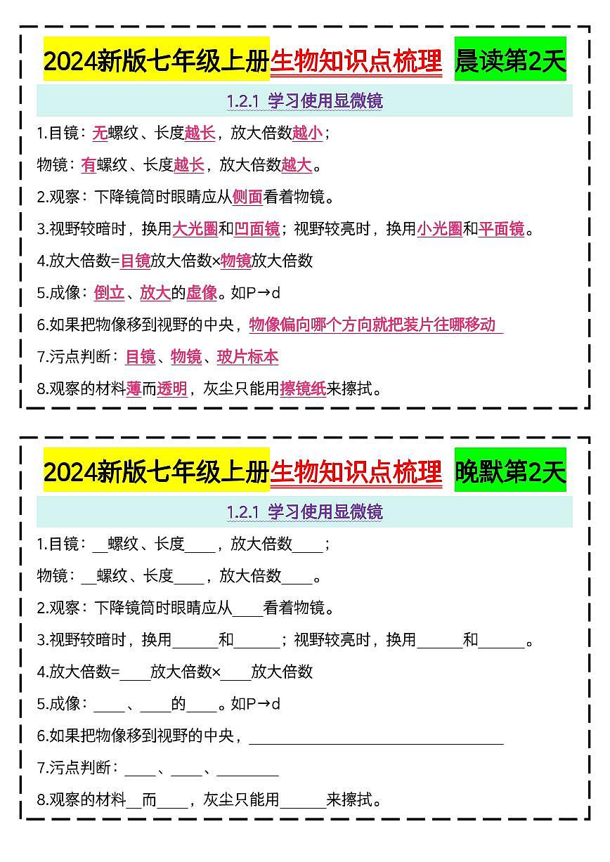 2024新版七上生物期末专项练习知识点晨读晚默51天完整版第2页