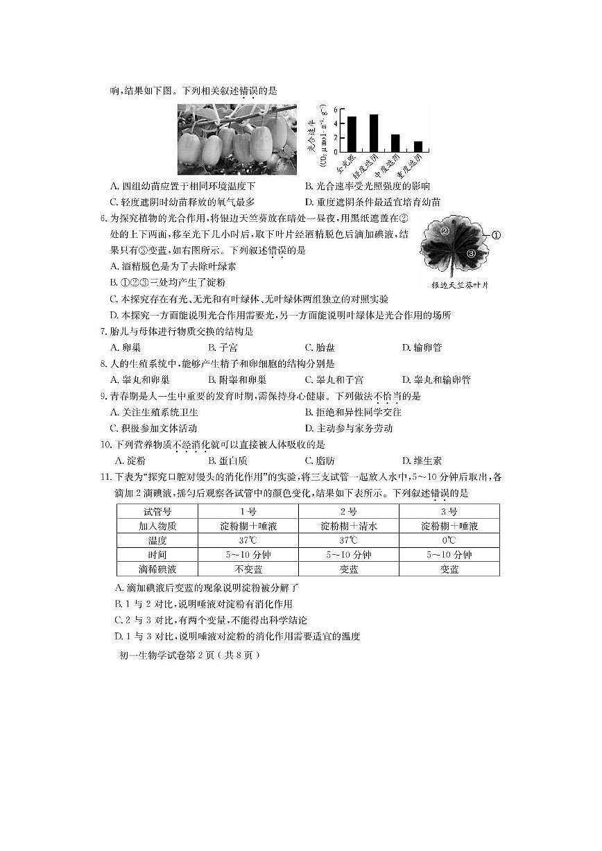 2025北京怀柔初一（下）期末生物试卷 无答案第2页