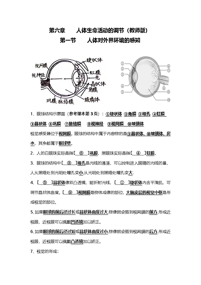 人教版初中生物八上4.6人体生命活动的调节  知识梳理（教师版）第1页
