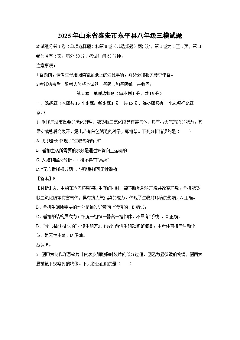【生物】2025年山东省泰安市东平县八年级三模试题（解析版）第1页